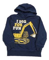 Tmavomodrá mikina s buldozerem a nápismi a kapucňou C&A