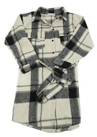 Bielo-čierna kockovaný flaušový košeľový kabát s opaskom