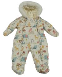 Smotanová prešívaná šušťáková zimná kombinéza so zvieratkami a volánikmi a kapucňou s kožešinou George