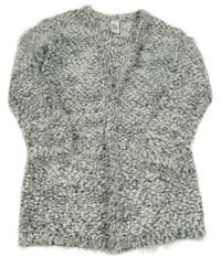 Čierno-biely melírovaný chlpatý svetrový cardigan C&A