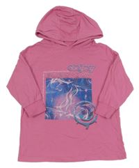 Růžová oversize dlouhá mikina s potiskem a kapucí Next