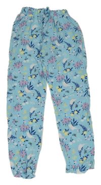 Svetlomodré paper bag ľahké nohavice s kvietkami a vtáčky a motýlikmi INFINITY KIDS