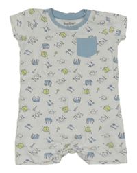 Bielo-svetlomodrý kraťasový overal so zahradnickými obrázky a vreckom lupilu