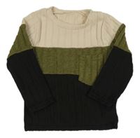 Smetanovo-kaki-čierna rebrovaná úpletová mikina s vreckom