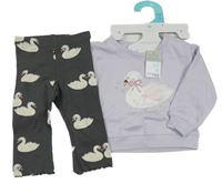 Nové - 2set - Levandulová mikina + tmavošedé žebrované legíny s labutěmi Primark