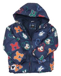 Tmavomodrá prošívaná šusťáková zimní bunda s Mickey a kapucí PRIMARK