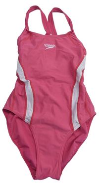 Ružové jednodielne plavky s pruhmi a logom Speedo