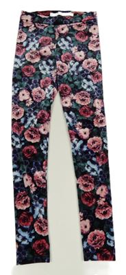 Černo-růžovo-modré květované sametové legíny H&M