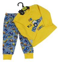 Nové - Hořčicovo-svetlomodré fleecové pyžama s traktormi zn. Dunnes