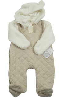 Nové - Béžovo-biela teplákovo/chlupatá zateplená kombinéza s kapucňou