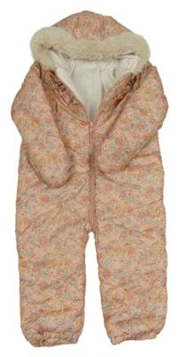 Růžová květovaná šusťáková zimní kombinéza s volánky a kapucí George