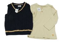 Nové - 2set - Tmavomodrá svetrová vesta + béžové rebrované tričko s gombíkmi Pep&Co