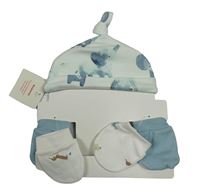 Nové - 3set - Mátová bavlnená čapica so slony + světlemodré rukavičky + bílé so psy