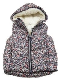 Tmavomodrá květovaná šusťáková zateplená vesta s kapucí Dopodopo