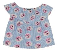 Modro-bílá pruhovaná halenka s květy a volánem Primark