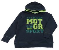 Tmavomodrá mikina s nápisom a kapucňou