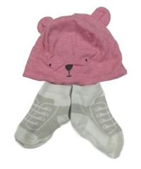2set - Růžová melírovaná bavlněná čepice - medvěd + bílo-šedé ponožky