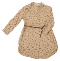 Svetlohnedé kvetované ľahké košeľové šaty s opaskom H&M