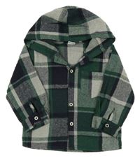 Zeleno-šedá kostkovaná úpletová košile s kapucí 