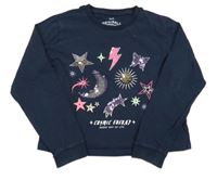 Tmavomodré tričko s obrázky z flitrů a nápisom M&S