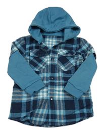 Modro-bílá kostkovaná košile s teplákovými rukávy a kapucí Dunnes Stores