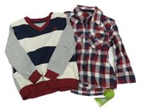 Nové - 2set - Tmavomodro-vínovo-biela kockovaná košile + pruhovaný sveter Rebel
