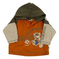 Oranžovo-hnědo-béžová mikina s oslem a nápisy a kapucí