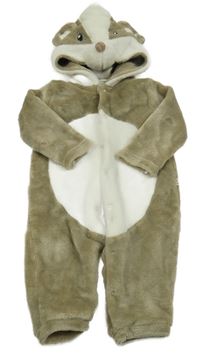 Béžovo-biela plyšová kombinéza s kapucí - jezevec