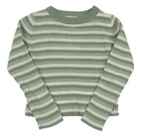 Zeleno- biely pruhovaný rebrovaný crop sveter C&A