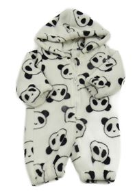 Bielo-čierna plyšová kombinéza s pandami a kapucňou