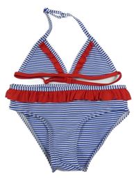 Modro-bílo-červené pruhované dvoudílné plavky s volánky C&A