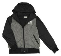 Šedo-černá melírovaná šusťáková podzimní bunda s potiskem a kapucí H&M