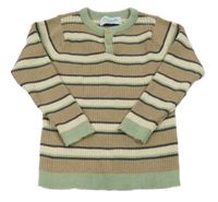 Hnedo-béžovo-zelený pruhovaný rebrovaný sveter