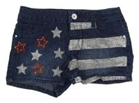 Tmavomodré rifľové kraťasy s prúžkami a hviezdičkami