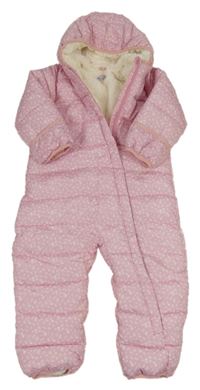 Světlerůžová šusťáková prošívaná zimní kombinéza s kytičkami a kapucí Lily & Dan