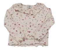 Svetloružové rebrované tričko s kvietkami a volánikom Kiki&Koko