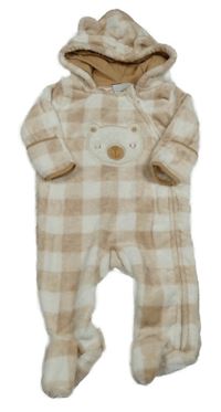 Světlehnědo-biela kockovaná chlpatá kombinéza s medvěďom a kapucňou