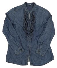 Tmavomodrá rifľová blúzka s volánikmi