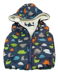 Tmavomodrá šusťáková zateplená vesta s dinosaury a kapucí 