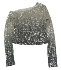 Bielo-strieborné ombré flitrové crop tričko s volným ramenem