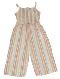 Bielo-farebný pruhovaný plátenný žabičkový culottes overal Primark