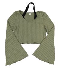 Khaki rebrovaný crop sveter so všitým topemShein