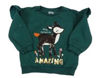 Tmavozelená mikina so srnkou z flitrů a volánikmi F&F