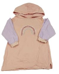 Broskvovo-lila teplákové šaty s duhou a kapucí Tu