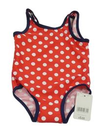 Nové - Červené jednodielne plavky s bodkami a tmavomodrými lemy Mothercare