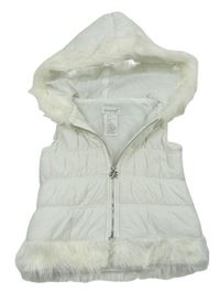 Biela prešívaná šušťáková zateplená vesta s kapucňou s kožešinou savannah