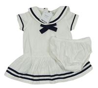 2Set - bílo-tmavomodré pruhované námořnické šaty s mašlí a límcem + kalhotky na plenky Next