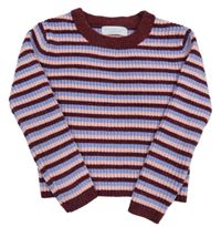 Vínovo-modrofialovo-ružový pruhovaný rebrovaný žinylkový crop sveter PRIMARK