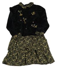 Čierno-zlaté šaty s mašľami a vzorom a volánikom