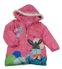 Růžový prošívaný šusťákový zimní kabát s Bingem a kapucí s kožešinou 